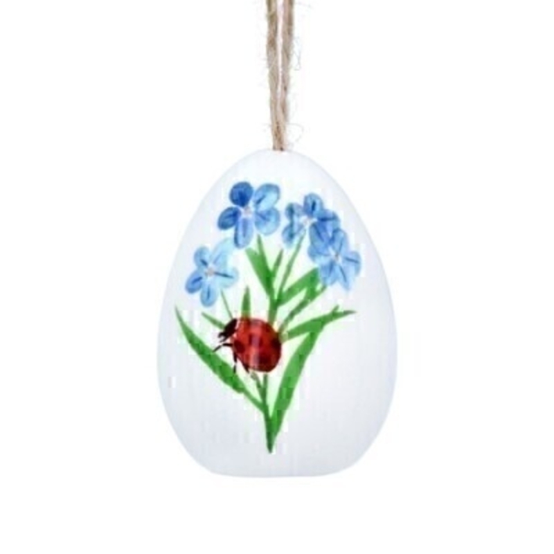 If you are looking for some Easter decorations for your Easter Tree then be sure not to miss this cute ceramic Easter Egg decorated with blue forget-me-not flowers and ladybird. This hanging decoration is made by designer Gisela Graham. Comes complete with string to hang on your Easter Tree and makes a lovely Easter Hanging Decoration.
